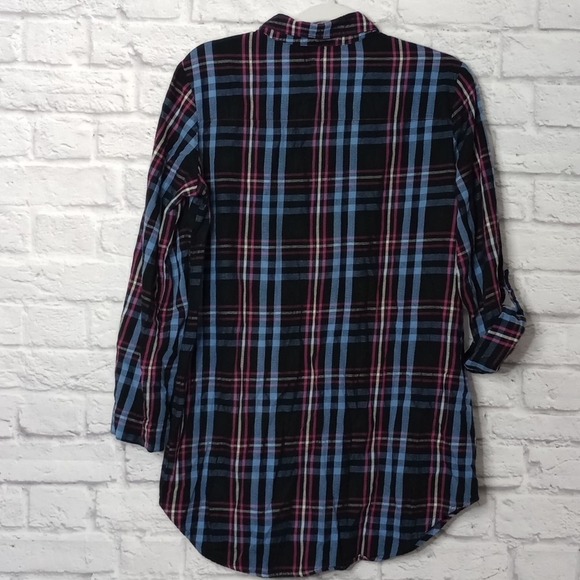 Betsey Johnson M Ruffle Front Sleep Shirt Top Long sleeve button front Plaid  M - Picture 2 of 7